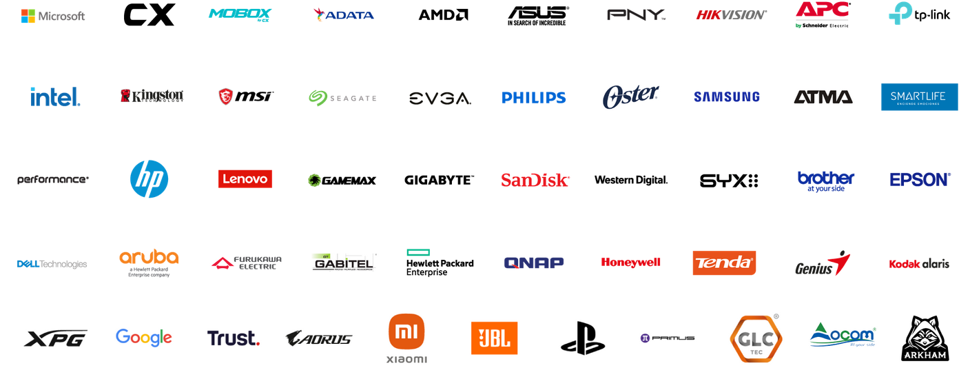 Marcas de informática: Microsoft, ADATA, AMD, ASUS, Hikvision, Intel, Kingston, MSI, Seagate, Samsung, HP, Lenovo, Gigabyte, SanDisk, Western Digital, Dell, TP-Link y más